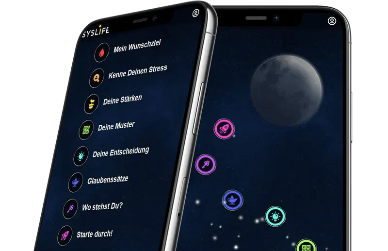 Zwei Smartphones mit einer App-Oberfläche und farbigen Symbolen auf dunklem Hintergrund.